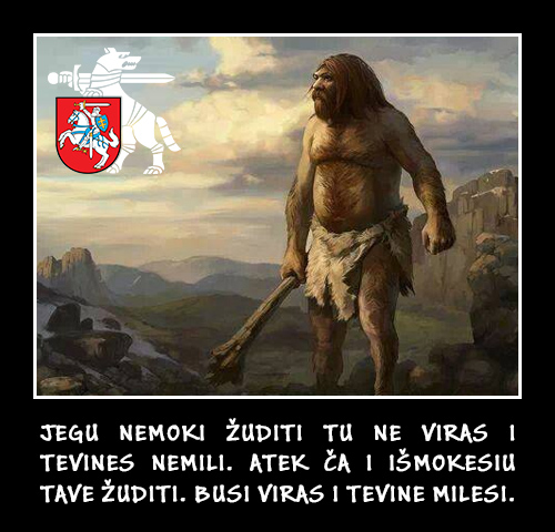 Demotyvacinis plakatas: neandertalietis su kuoka kalnų fone, viršuje – Vytis. Užrašas: „JEGU NEMOKI ŽUDITI TU NE VIRAS I TEVINES NEMILI. ATEK ČA I IŠMOKESIU TAVE ŽUDITI. BUSI VIRAS I TEVINE MILESI.“